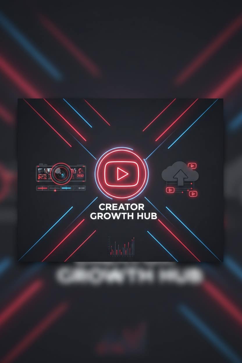 A neon-style graphic for Creator Growth Hub featuring a YouTube play button icon, a camera, a cloud upload symbol, and a bar chart against a dark background with red and blue light streaks.