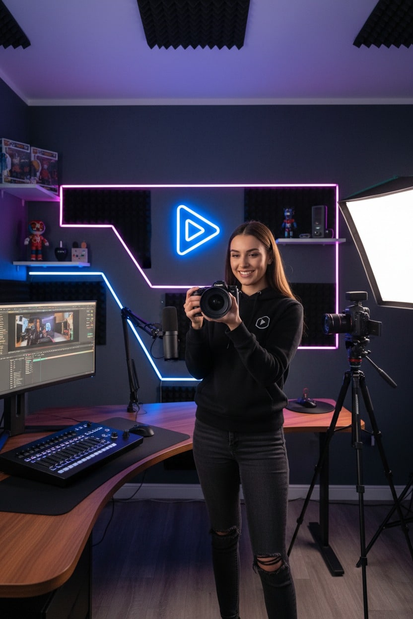 A smiling woman in a black hoodie holds a camera in a studio equipped with a computer, microphone, and neon wall lighting.