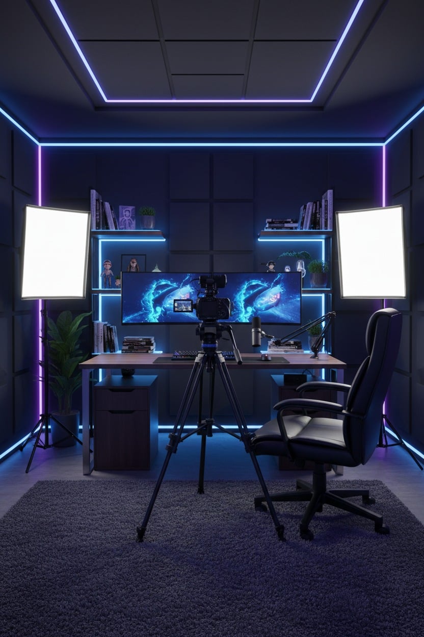 A professional gaming and content creation studio setup features a desk with a dual-monitor display, a camera on a tripod, and bright studio lights in a room with blue LED accent lighting.