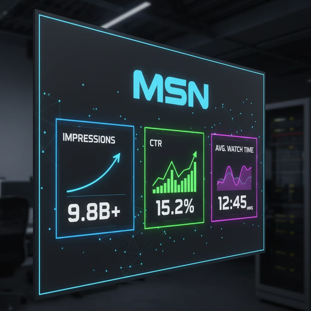 A digital display shows MSN performance metrics including 9.8 billion impressions, a 15.2% click-through rate, and an average watch time of 12 minutes and 45 seconds.
